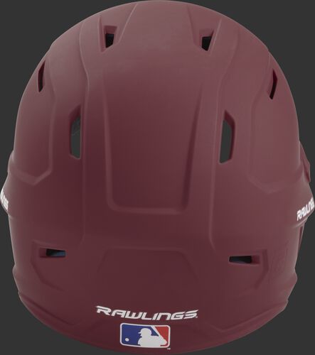 Back of a maroon MACH high performance helmet with the Official Batting Helmet of MLB logo