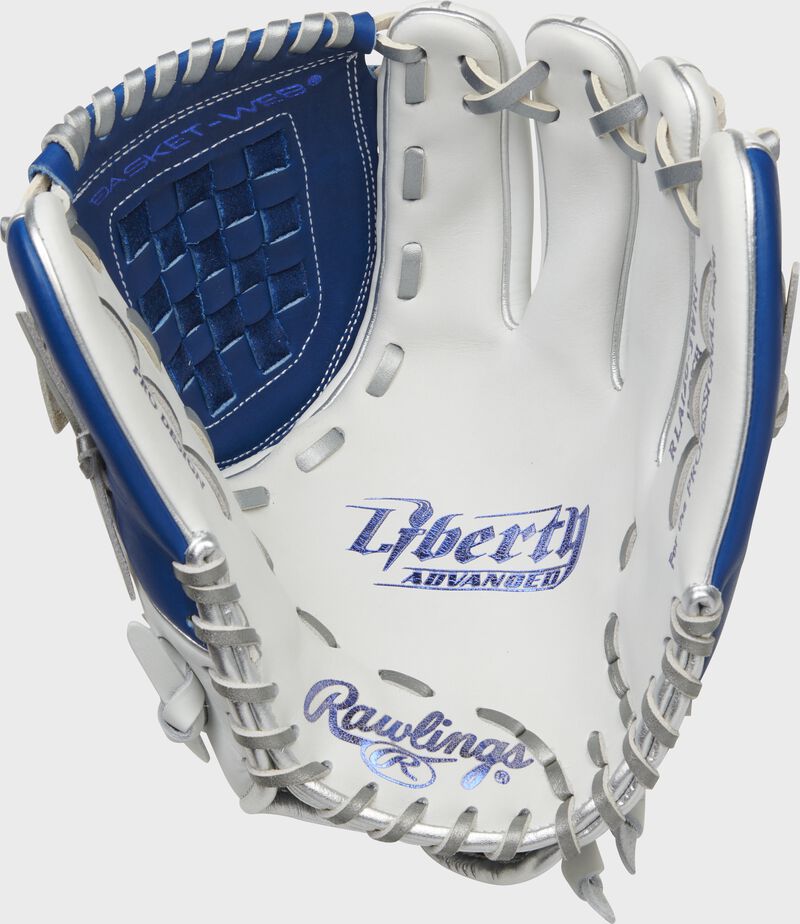 White palm of a Rawlings Liberty Advanced Color Series glove with platinum laces and royal stamping - SKU: RLA120-3WRP