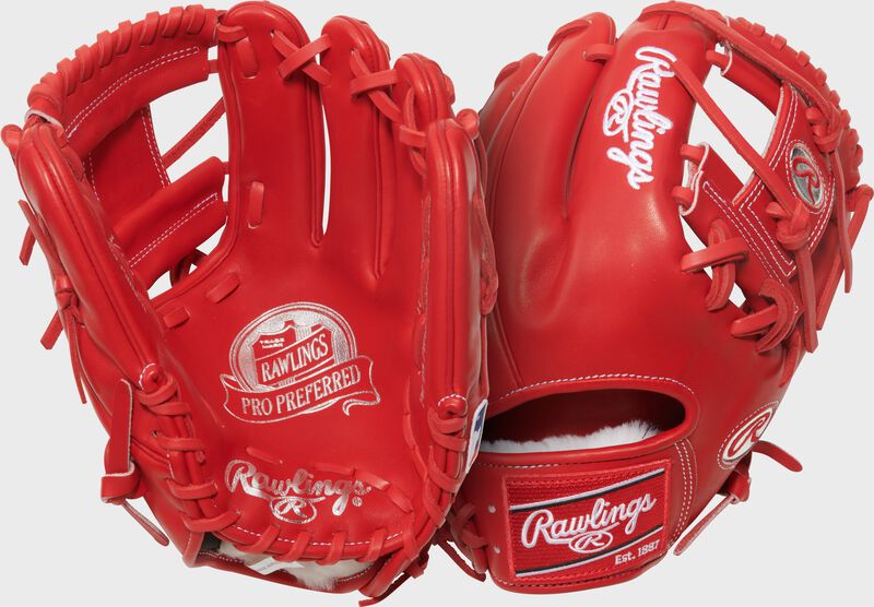Two images showing the palm & back of a scarlet Gameday 57 Series Andrés Giménez Pro Preferred Glove