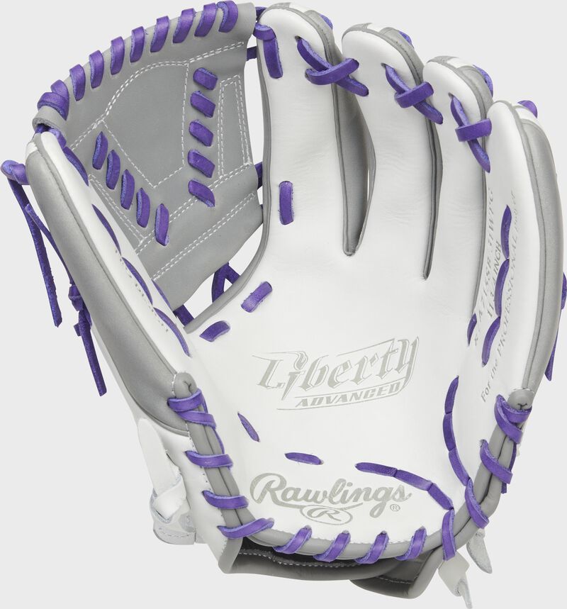 White palm of a Rawlings Liberty Advanced Color Series infield glove with purple laces - SKU: RLA715SB-31WPG