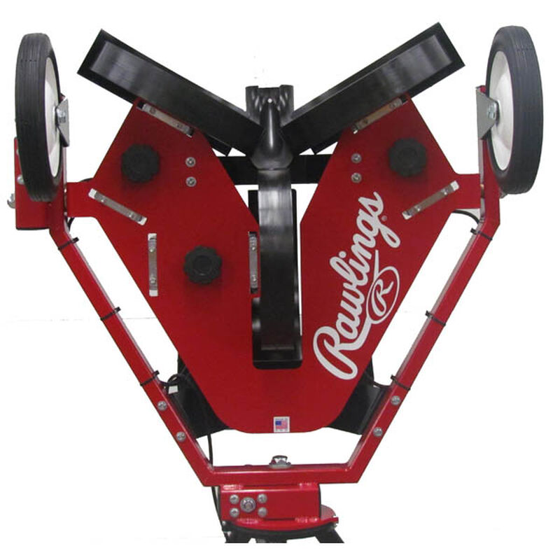 Front of Rawlings Red Spin Ball Pro 3 Wheel Softball Pitching Machine With Brand Name SKU #RPM3SB