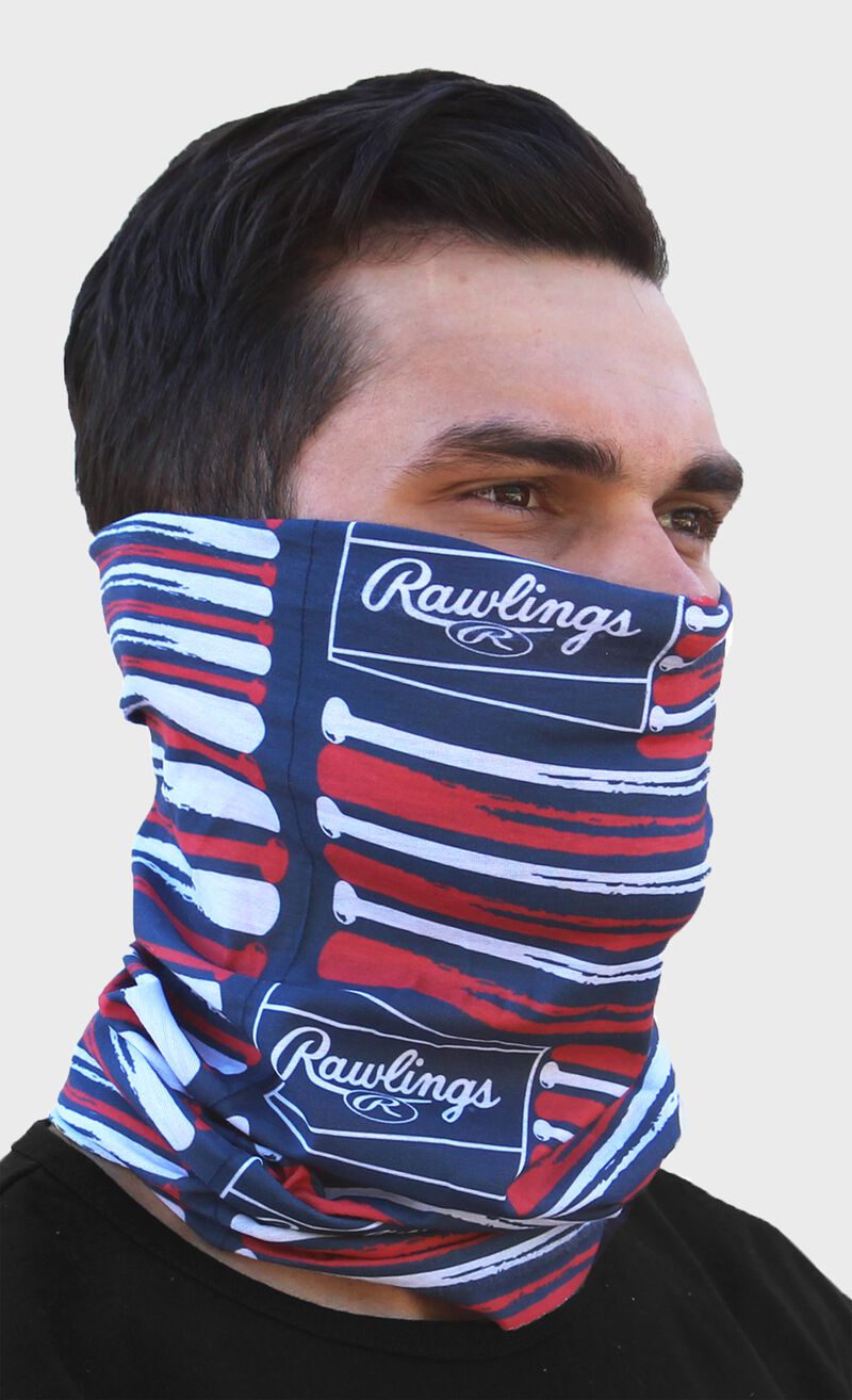 Front right-side view of Rawlings Adult Multi-Functional Head and Face Gear, Flag & Bats on face - SKU: RC40003-999