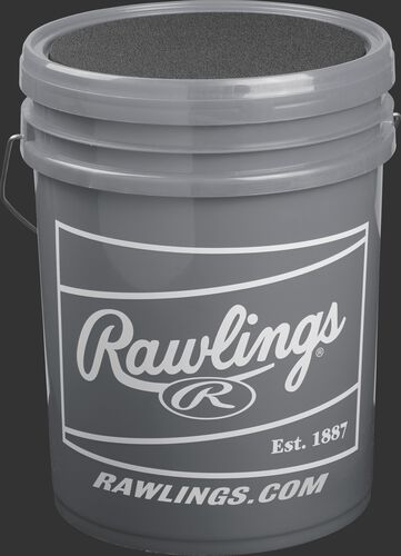 Grey logo with white Rawlings patch on a R100UP1BUCK24 High School Ultimate Practice ball bucket