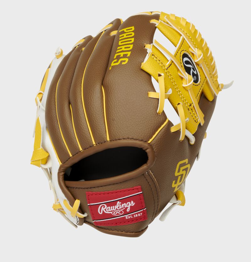Back of a brown/white San Diego Padres 10-Inch I-web glove with a red Rawlings patch - SKU: 22000019111 loading=