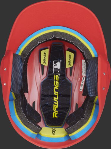 Inside of a Rawlings MACH baseball helmet with IMPAX durable foam padding