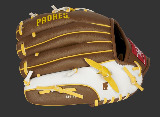 Back of a brown/white San Diego Padres 10-inch youth glove with the MLB logo on the pinky - SKU: 22000019111