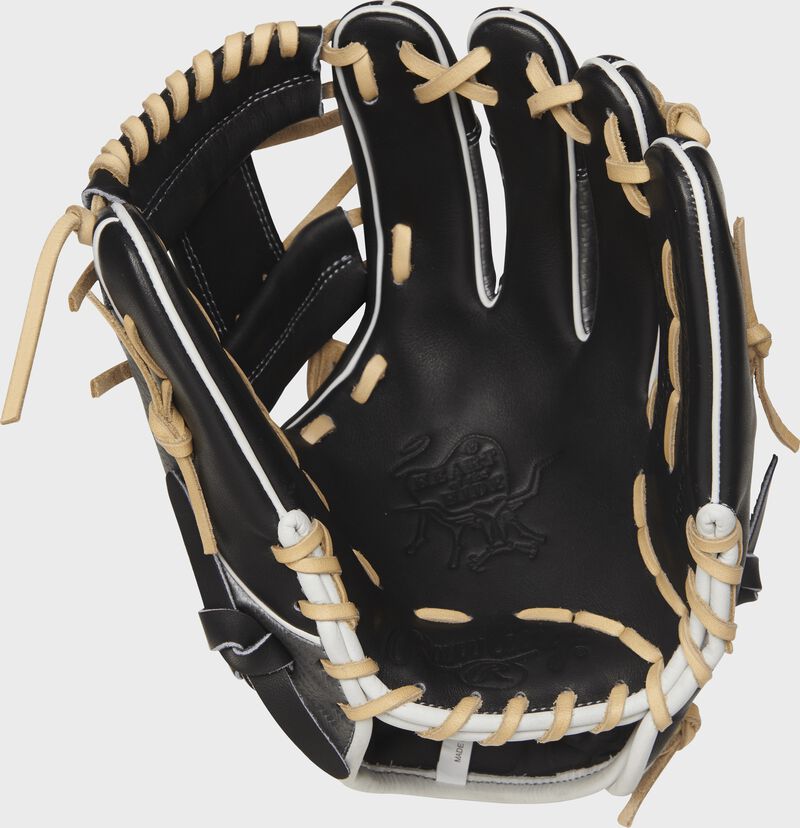 Palm view of a PRO204-2BCF 11.5-inch Heart of the Hide Hyper Shell I web glove with a black palm and camel laces