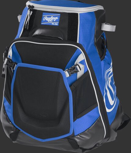 Front left of a royal VELOBK Rawlings Velo equipment backpack with an Oval R logo on the side compartment