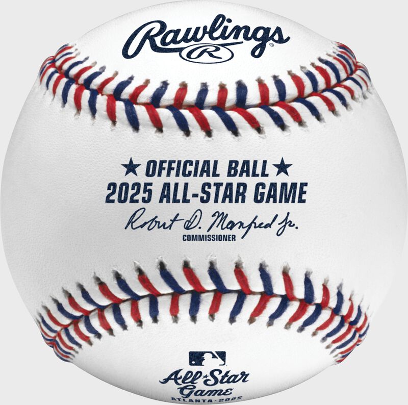 A 2025 Rawlings MLB commemorative All-Star game baseball with the 2025 ASG logo and red/blue stitching - SKU: EA-ASBB25-R