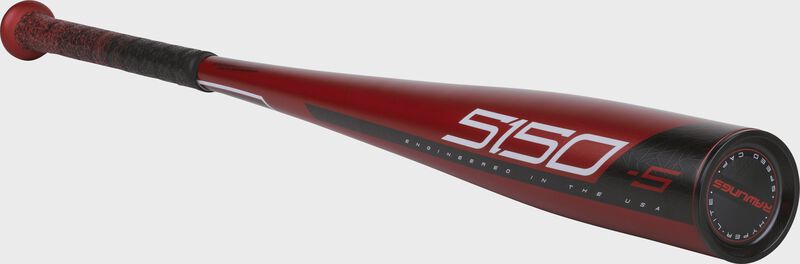 3/4 angle view US955 Rawlings 5150 USA bat with a red barrel and white/black accents