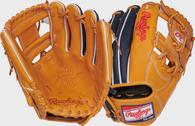 Two images showing the palm & back of a tan/navy Heart of the Hide 11.5" I-web infield glove
