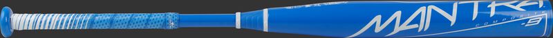 A light blue Rawlings Mantra fastpitch bat with a white Mantra logo on the barrel - SKU: FP1M9