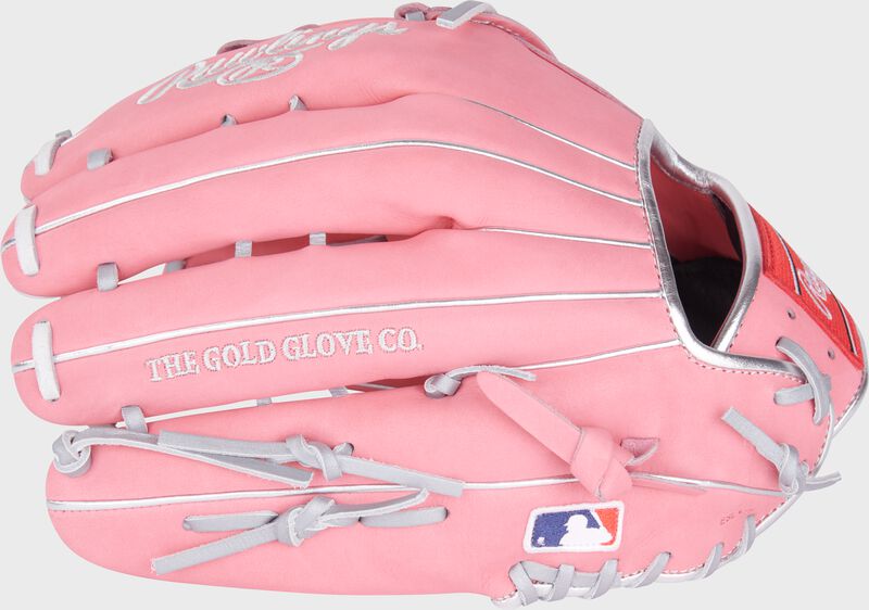Back of a pink Fernando Tatis Jr. 12.75" outfield glove with the MLB logo on the pinky - SKU: PRO3039-6FTJ