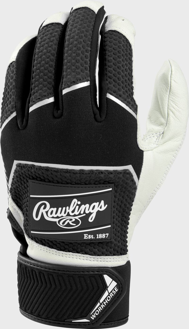 Back of a black 2022 workhorse batting glove with a black Rawlings patch - SKU: WH22BG-B