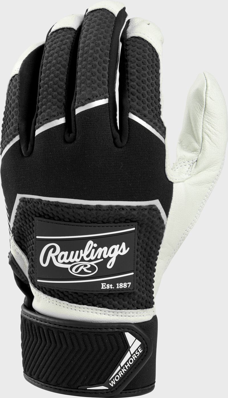 Back of a black 2022 workhorse batting glove with a black Rawlings patch - SKU: WH22BG-B image number null