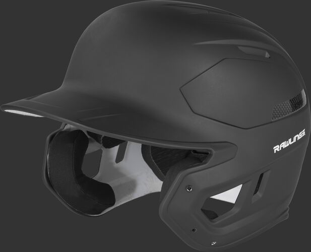 Left angle view of a matte CAR07A MACH Carbon high school/college baseball helmet