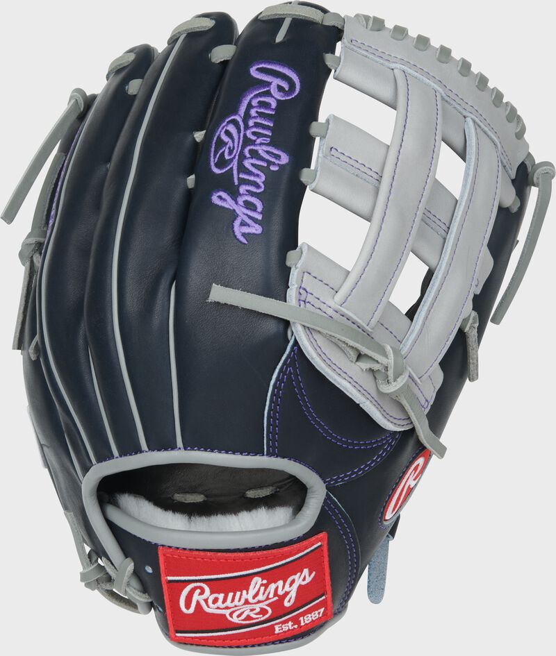 Back of a navy Aaron Judge Pro Preferred 12.75-Inch Outfield Glove with a red Rawlings patch