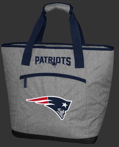 A gray New England Patriots 30 can tote cooler with an embroidered team logo on the front - SKU: 10311076111