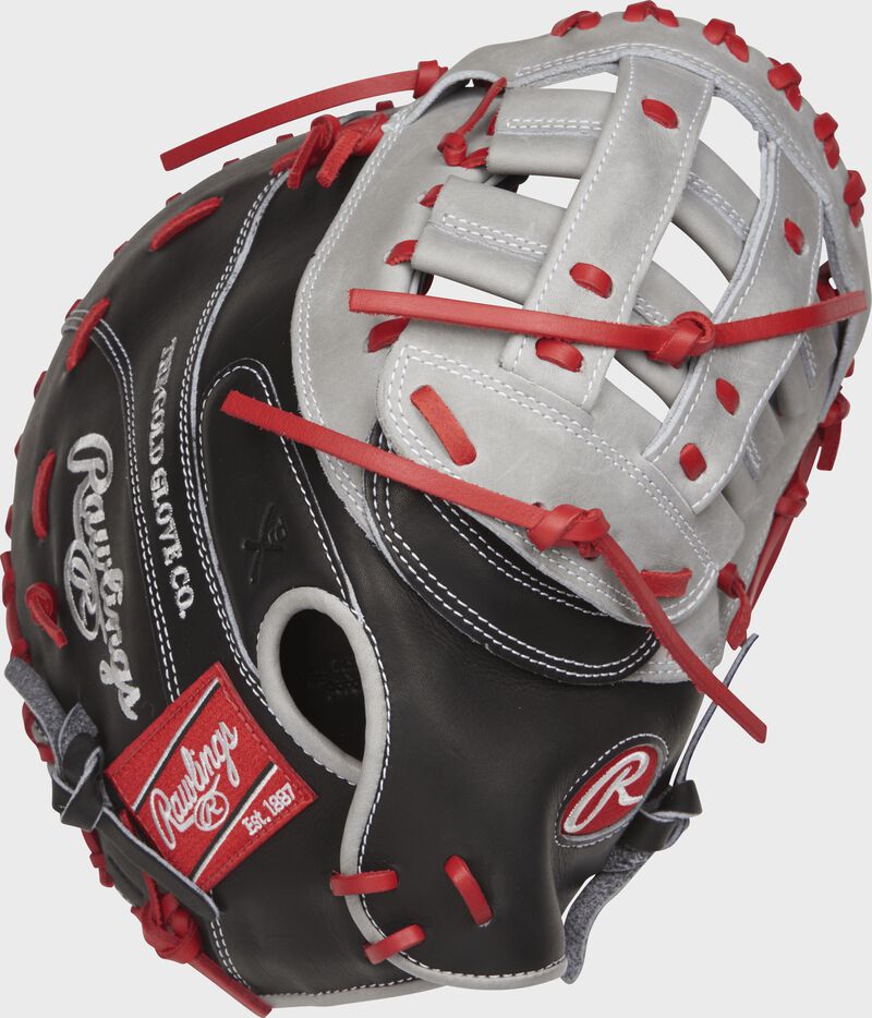 PROFM20BGS 12.25-inch Rawlings first base mitt with a black back and grey trim