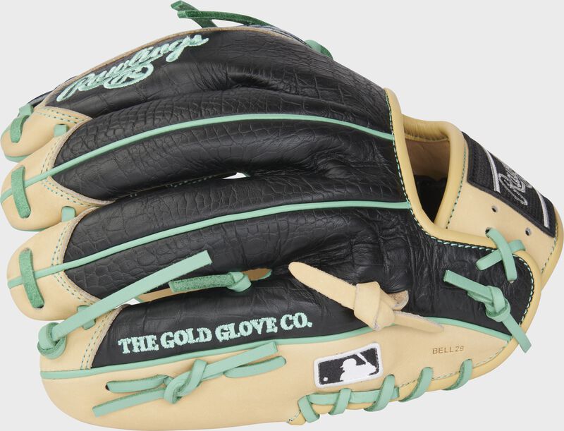 Black croc embossed back of a Rawlings HOH R2G 11.75" glove with the MLB Logo on the pinky - SKU: RSGRPROR205-30CCM
