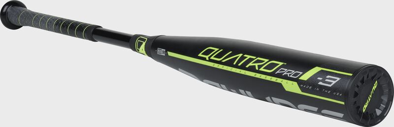 3/4 angle view of the black Quatro Pro BB9Q3 Rawlings -3 BBCOR composite bat