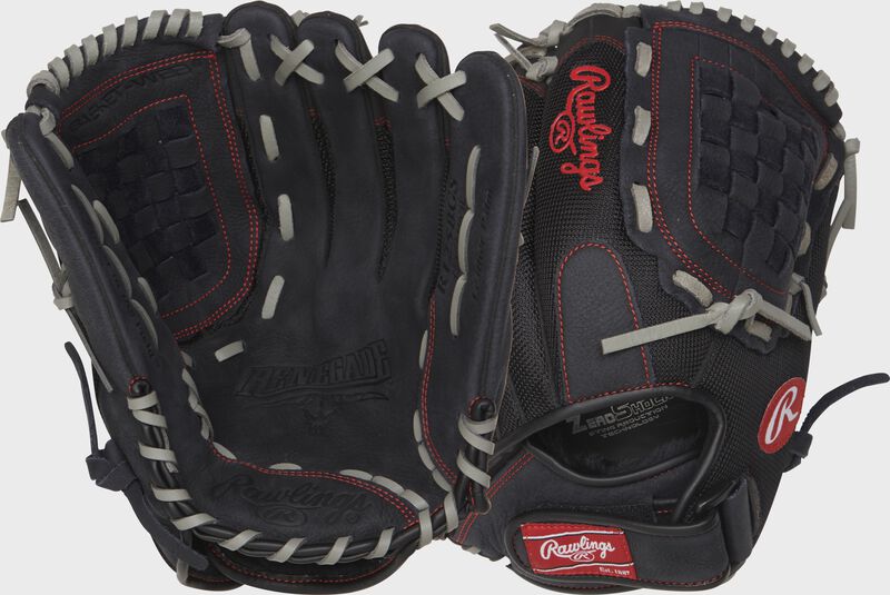 Two images showing the palm & back of a black Renegade 12.5" softball glove