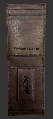 Inside of a brown debossed stitch front pocket wallet with a magnetic money clip on the bottom - SKU: RPW009-200