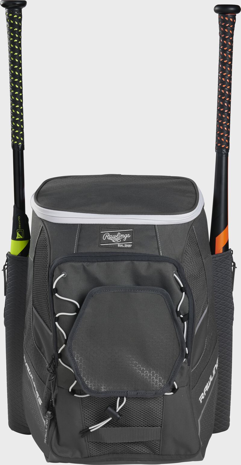 Front of a graphite Rawlings Impulse bag with a graphite Rawlings patch and two bats in the sides - SKU: IMPLSE-GR
