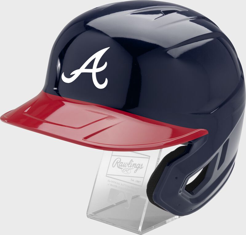 Front left of a navy Rawlings Atlanta Braves replica helmet - SKU: MLBMR-ATL
