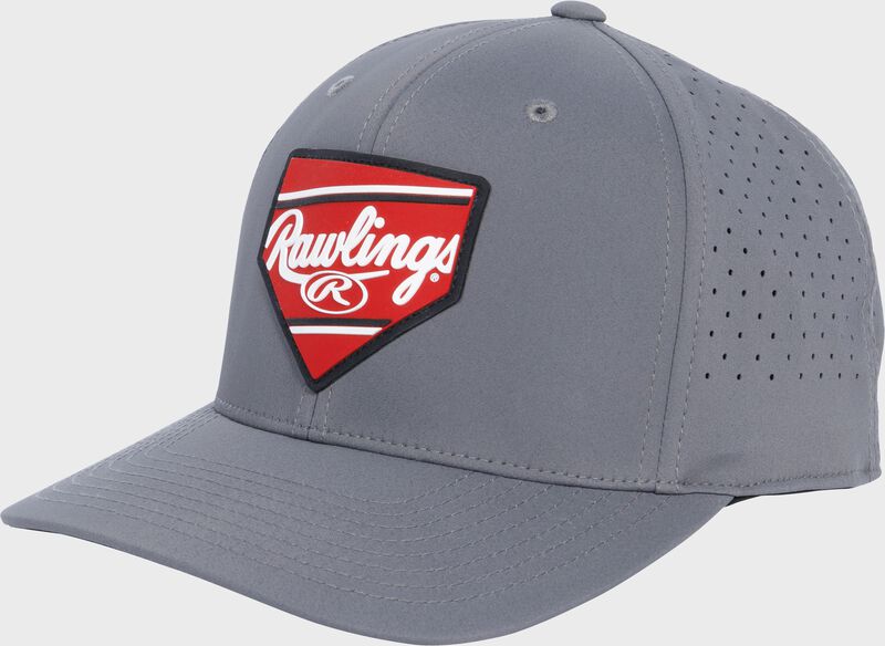 Front angle view of a gray Rawlings Home Plate performance curved bill snapback hat