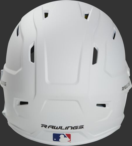 Back of a MACHEXTR high performance junior MACH helmet with a matte white shell and Official Batting Helmet of MLB logo