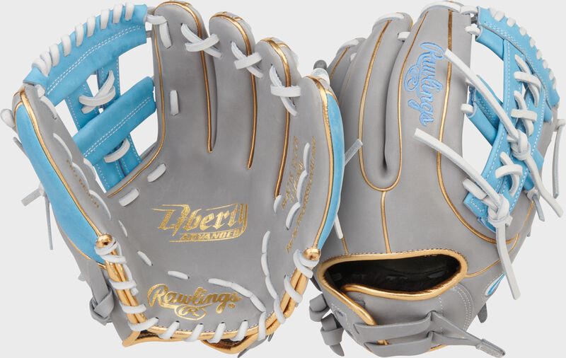 Two images showing the palm & back of a gray/Columbia blue Liberty Advanced 11.75-inch Fastpitch Softball Glove loading=