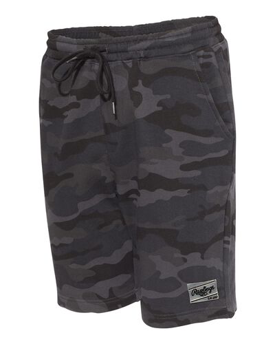 Side view of a black camo pair of Rawlings men's fleece shorts - SKU: RSGFS-B/HC