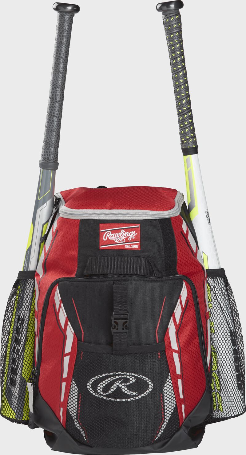 Front view of a Scarlet Rawlings Youth Players Team Backpack with two bats | SKU:R400-S