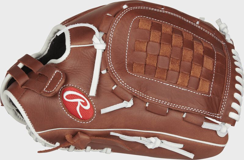R9SB125FS-3DB R9 Series fastpitch outfield/pitcher's glove with a brown thumb and brown Basket web loading=