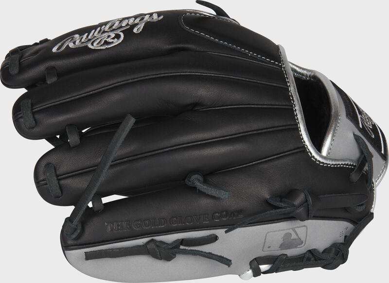 Back of a black 11.25-Inch Encore infield glove with the MLB logo on the pinky - SKU: EC1125-20B