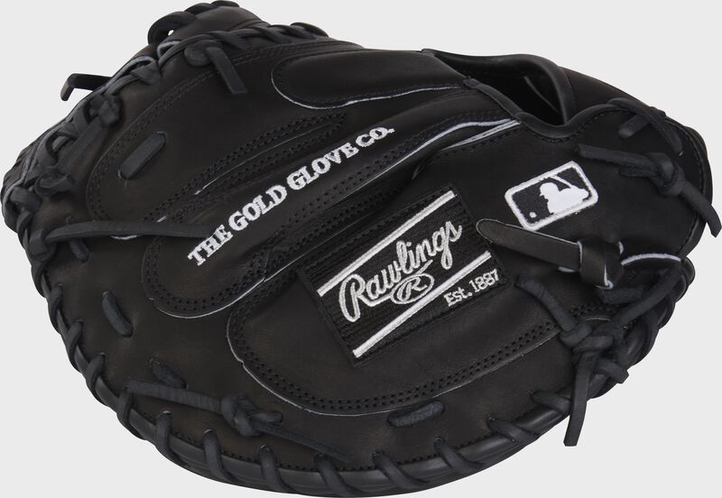 Back of a black HOH R2G 33" blackout catcher's mitt with a black Rawlings patch and MLB logo - SKU: RSGPRORCM33B loading=