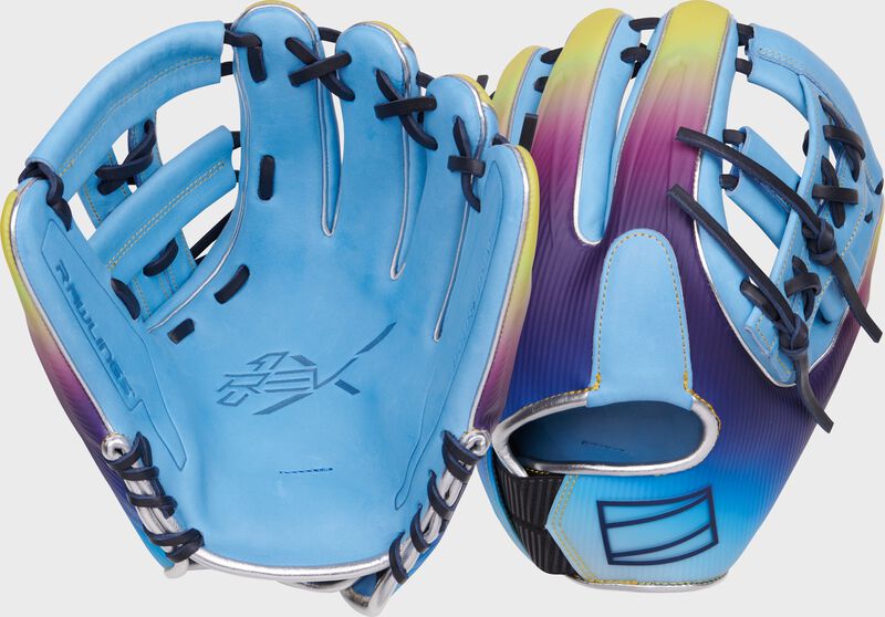 Two images showing the palm & back of a Columbia blue/navy Rawlings REV1X Francisco Lindor Infield glove