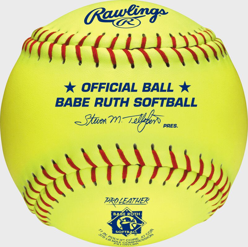 A yellow PX11RYLBR Babe Ruth official 11-inch softball with red stitching