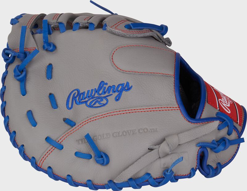 Back of a gray Freddie Freeman Select Pro Lite First Base Mitt with the MLB logo on the pinky