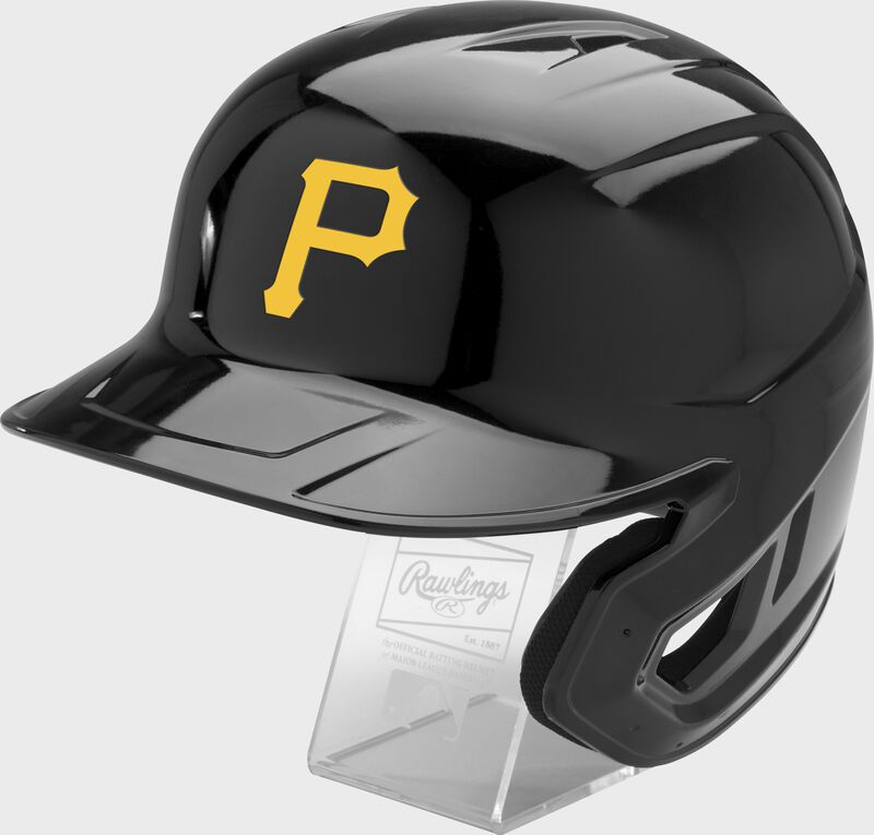 Front left of a black Rawlings Pittsburgh Pirates replica helmet - SKU: MLBMR-PIT