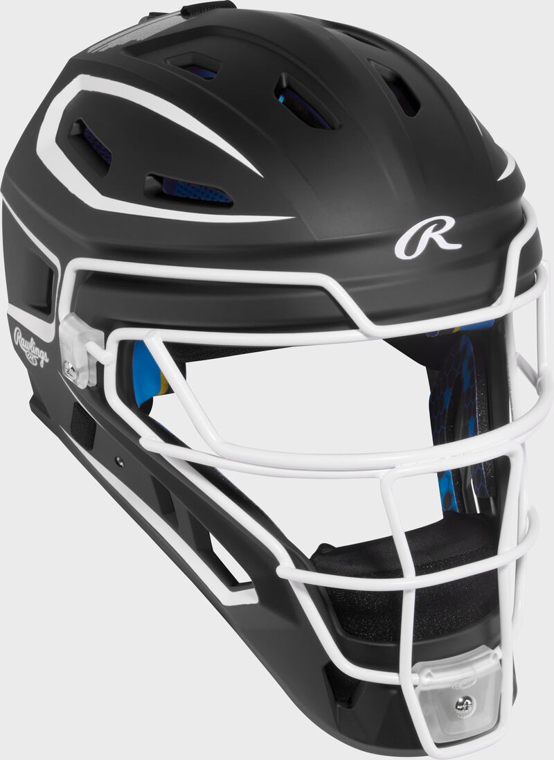 Front right of a black Rawlings Mach Pro Series catcher's helmet loading=