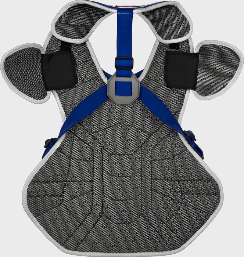 Back of a white/royal CSPZ Salvador Perez gameday model chest protector with royal straps loading=