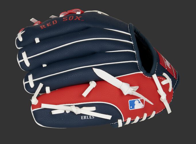 Back of a navy/red Boston Red Sox 10-inch youth glove with the MLB logo on the pinky - SKU: 22000024111