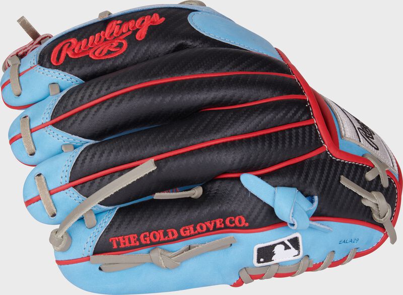 Black Hyper Shell back of a Heart of the Hide Hyper Shell 11.5" infield glove with the MLB logo on the pinky
