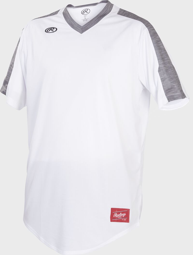 Front of Rawlings White/Gray Adult Short Sleeve Launch Jersey  - SKU #LNCHJ-W/GR