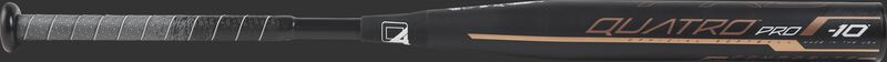 Black barrel of a black FPQP10 Quatro Pro college/high school softball bat with rose gold accents
