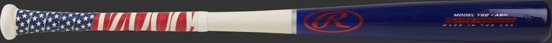 A 2021 Player Preferred youth ash wood bat with a navy barrel, white handle and stars and stripes grip tape - SKU: Y62AUS