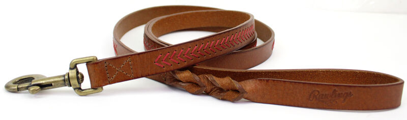 Close view of Rawlings Baseball Stitch Premium Leather Dog Leash - Tan