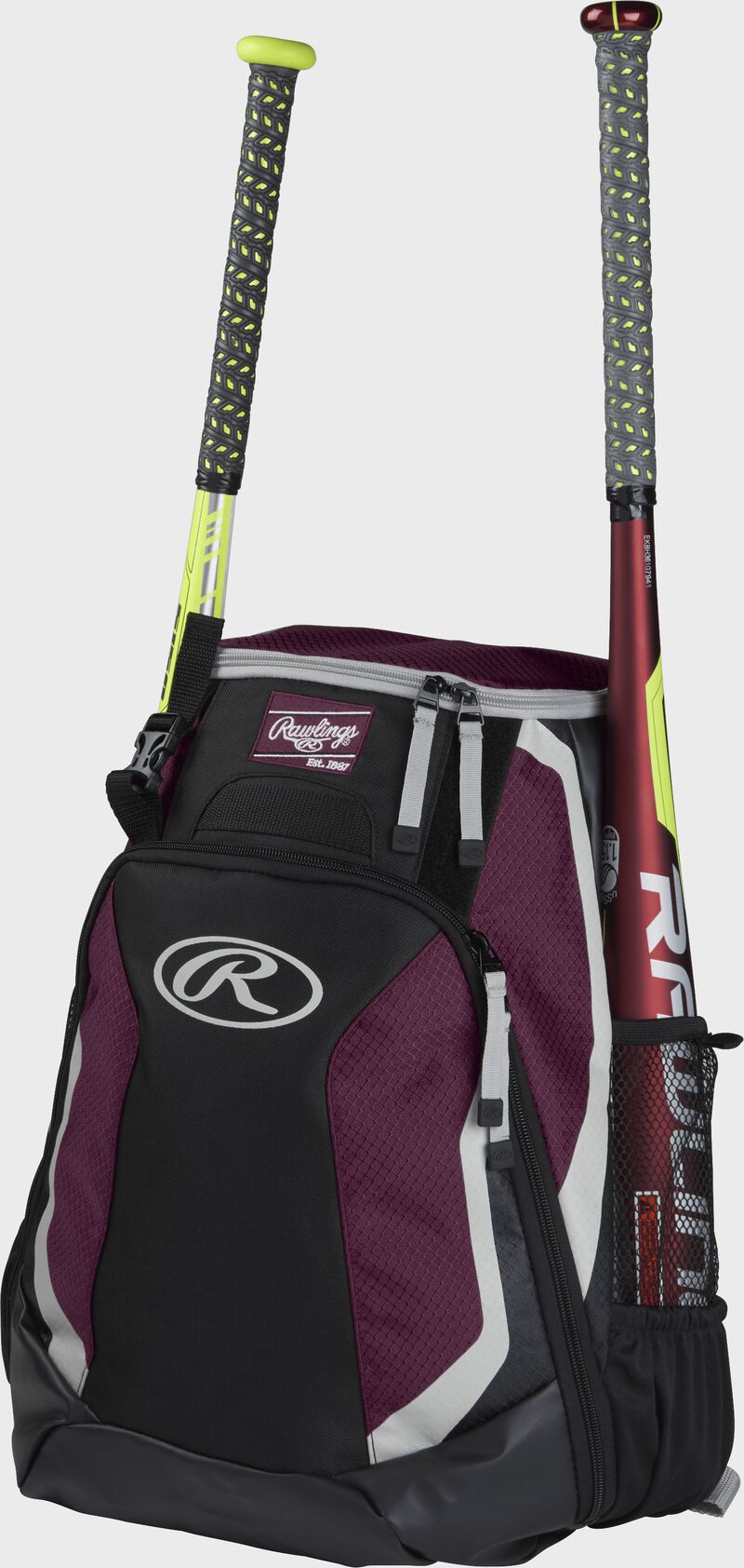Left side of a black/maroon R500 baseball backpack with a red bat in the side sleeve
